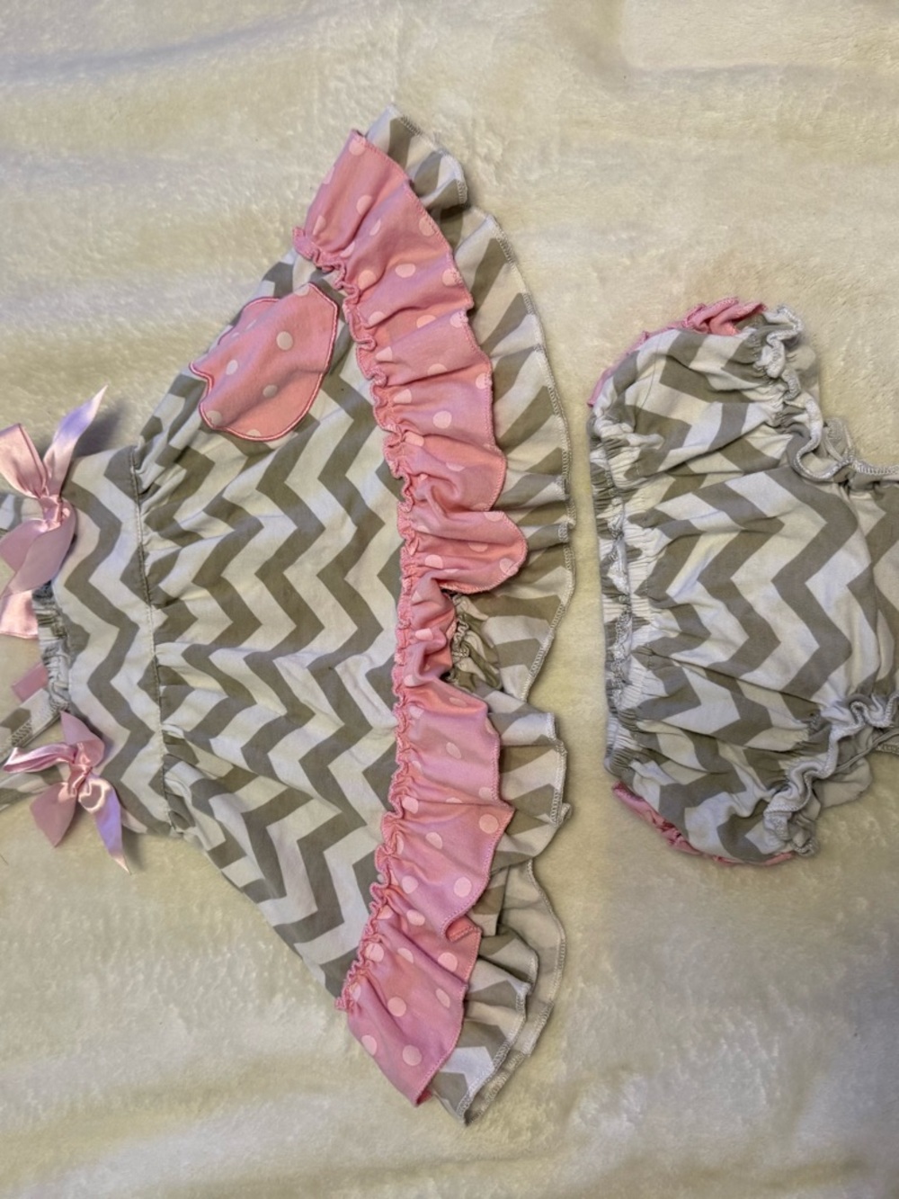Gray Chevron Baby Dress with Pink Polka Ruffle Accents
